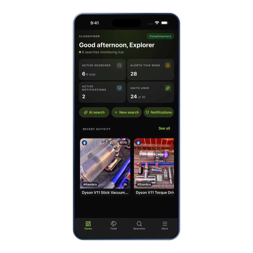 Current mobile Home overview with search and alert activity