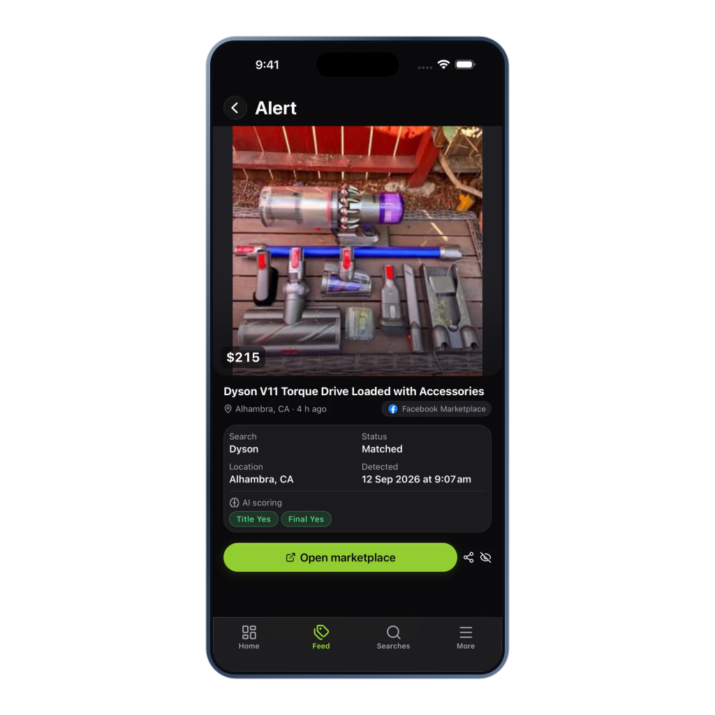 Current mobile alert detail with listing photos, price and AI match signal