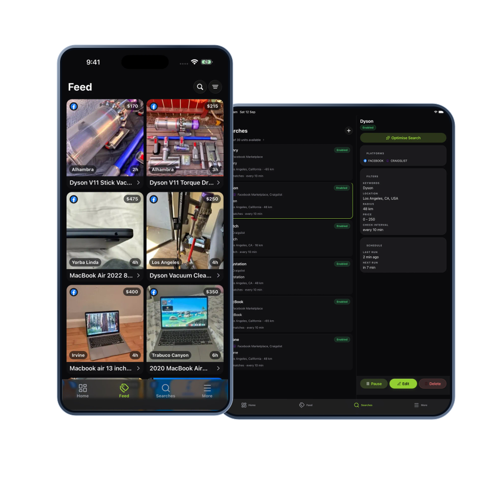 Classifindr app showing a varied marketplace Feed on a phone and active Searches on a tablet