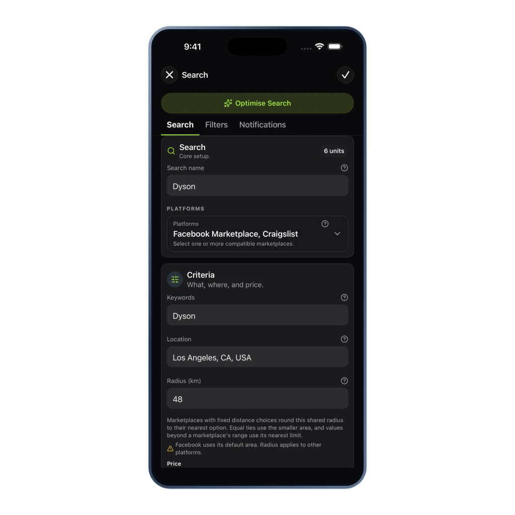 Classifindr search editor showing keywords, location and price controls