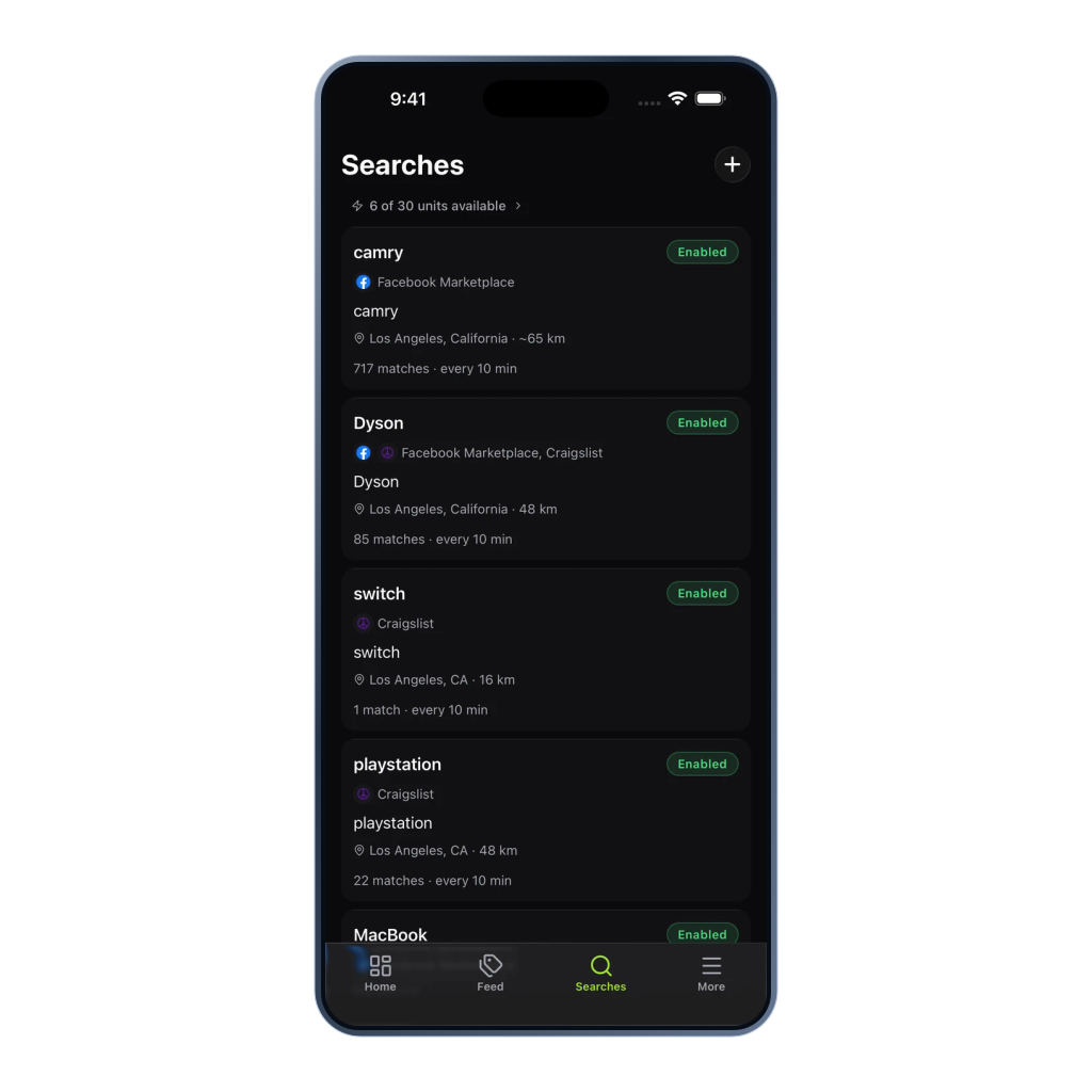 Classifindr mobile Searches screen showing enabled marketplace searches and their match counts